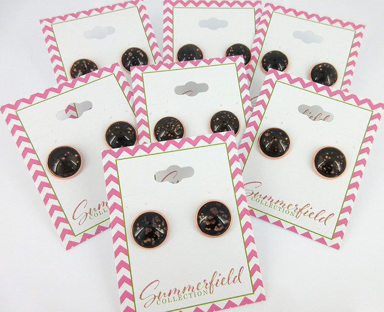 Rose Gold-tone Black Spotted Glitter Glass Stud Earrings Hand-painted 12mm