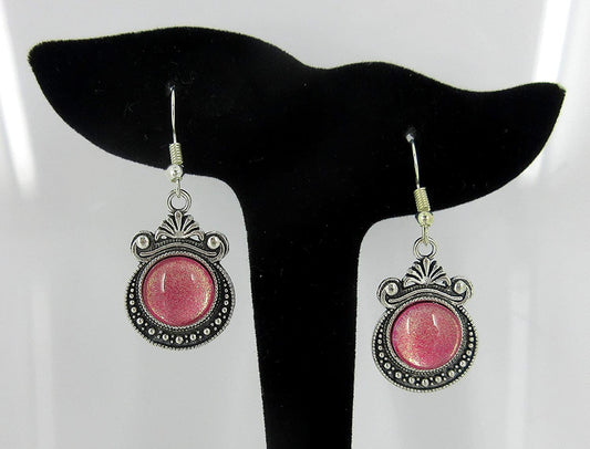 Antiqued Silver-tone Pink Shimmer Glitter Glass Dangle Earrings Hand-painted