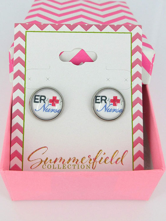 Stainless Steel ER Nurse Print Glass Stud Earrings 12mm White Black Red