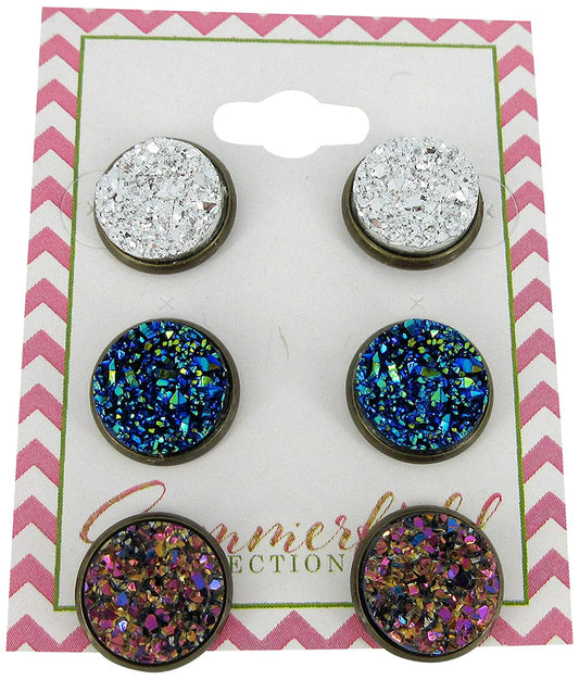 Trio Antiqued Gold-tone Stud Earrings 12mm Faux Druzy Stone Silver Metallic Blue Pink Set