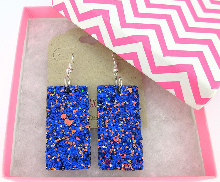 Blue with Pink and Black Glitter Faux Leather Large Rectangle Dangle Earrings