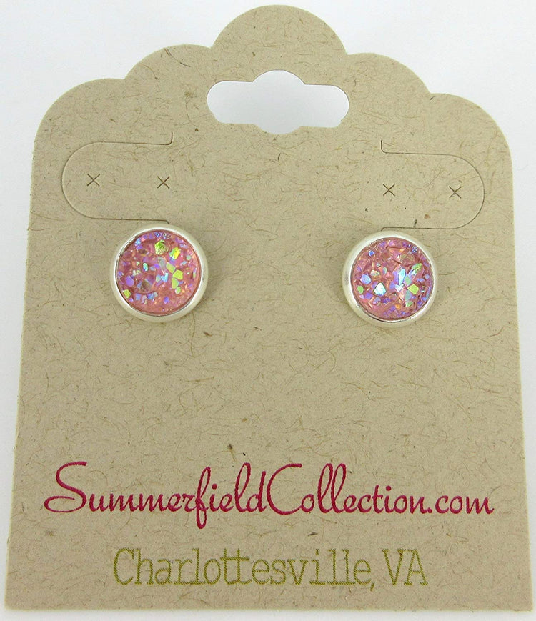 Silver-tone Light Pink AB Faux Druzy Stone Stud Earrings 8mm