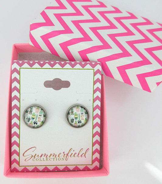 Stainless Steel Potted Succulent Print Glass Stud Earrings 12mm