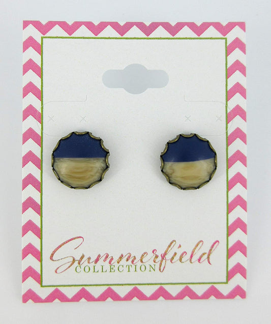 Antiqued Gold-tone Dark Blue Faux Wood and Resin Stud Earrings 12mm