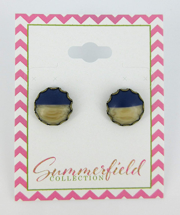 Antiqued Gold-tone Dark Blue Faux Wood and Resin Stud Earrings 12mm