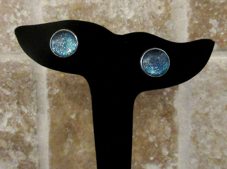 Silver-tone Twinkle Glitter Glass Galaxy Stud Earrings Hand-painted 12mm