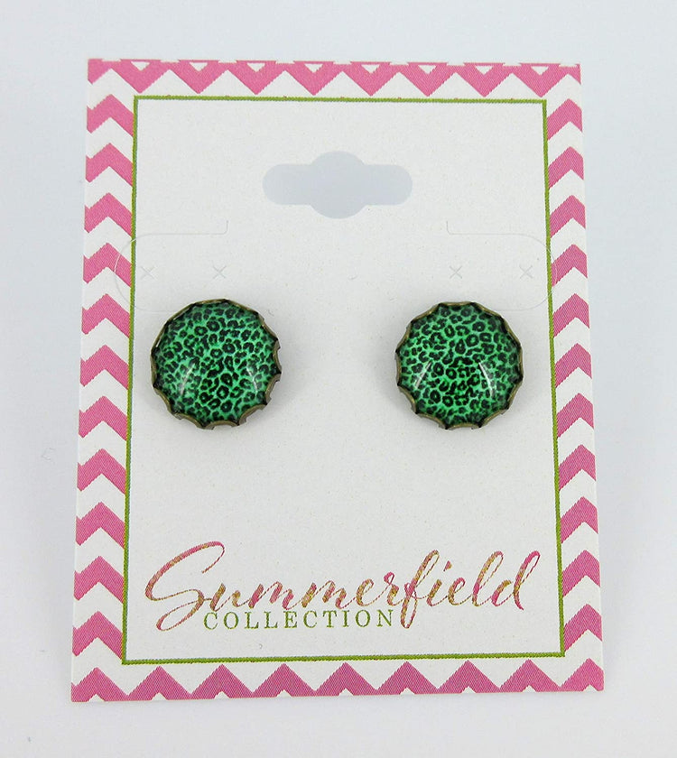 Antiqued Gold-tone Grass Green Animal Print Glass Stud Earrings 12mm