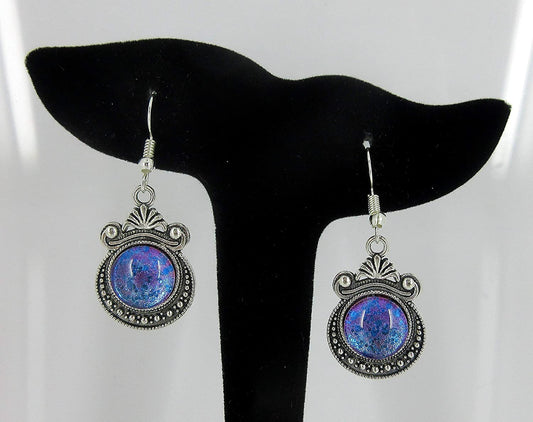 Antiqued Silver-tone Blue Purple Color-Shifting Glitter Glass Dangle Earrings Hand-painted