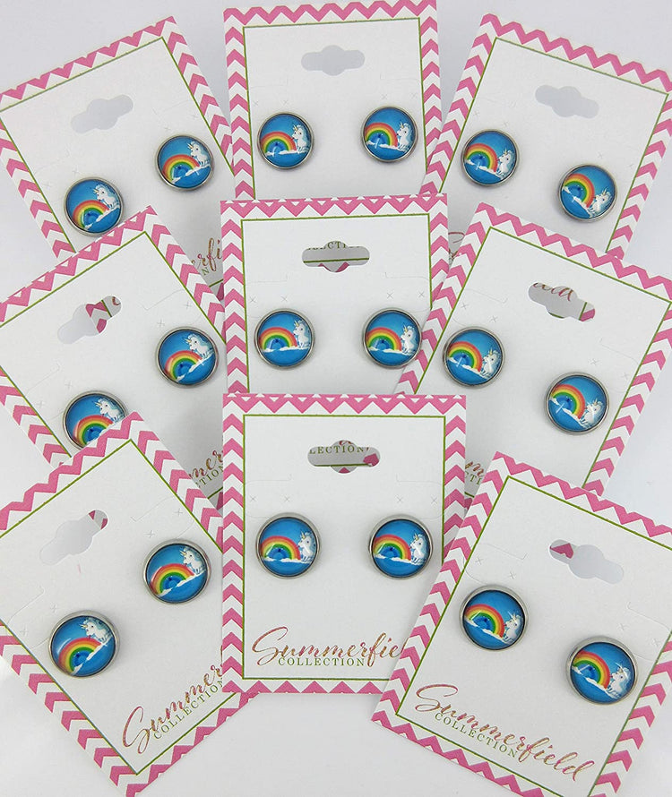 Stainless Steel Unicorn Licking Rainbow Print Glass Stud Earrings 12mm