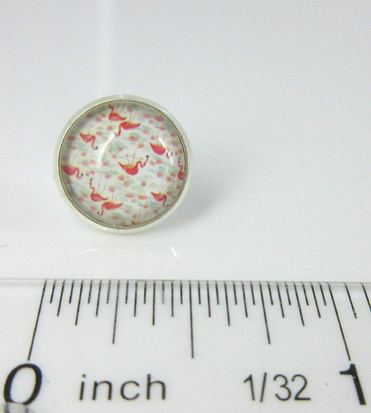 Silver-tone White Pink and Blue Flamingo Print Glass Stud Earrings 12mm