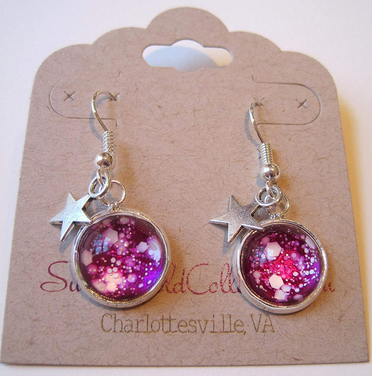 Silver-tone Magenta Pink and White Glitter Glass Star Galaxy Dangle Earrings