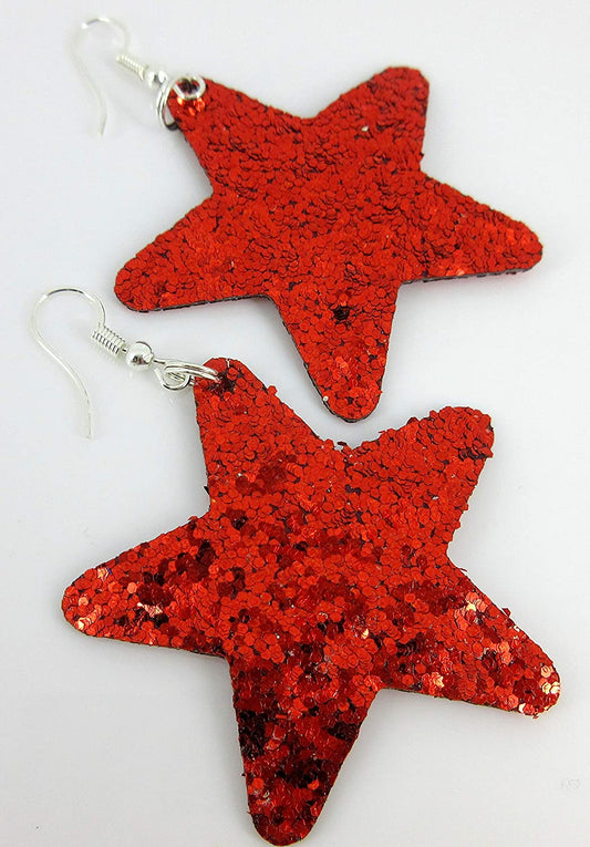 Red Glitter Faux Leather Large Star Dangle Earrings