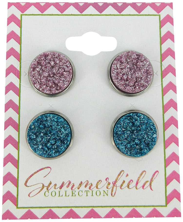 Duo Stud Earrings Stainless Steel Lilac Purple and Aqua Blue Glitter Faux Druzy Stone 12mm Set