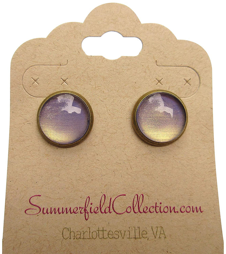 Antiqued Gold-tone Metallic Purple Color Shifting Glass Stud Earrings Hand-painted 12mm