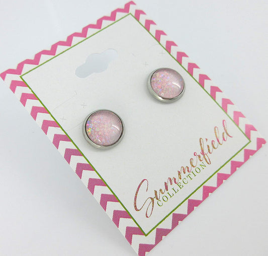 Stainless Steel Pale Pink and Iridescent Glitter Glass Stud Earrings Hand-painted 10mm