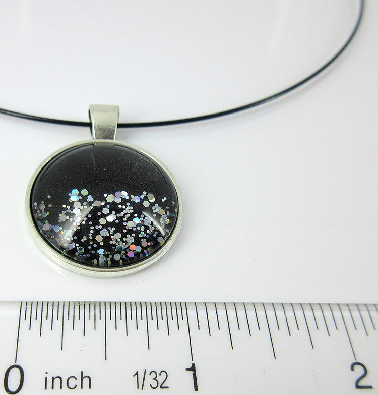 Silver-Tone Black and Holographic Glitter Glass Geometric Pendant Necklace Magnetic 18 inch