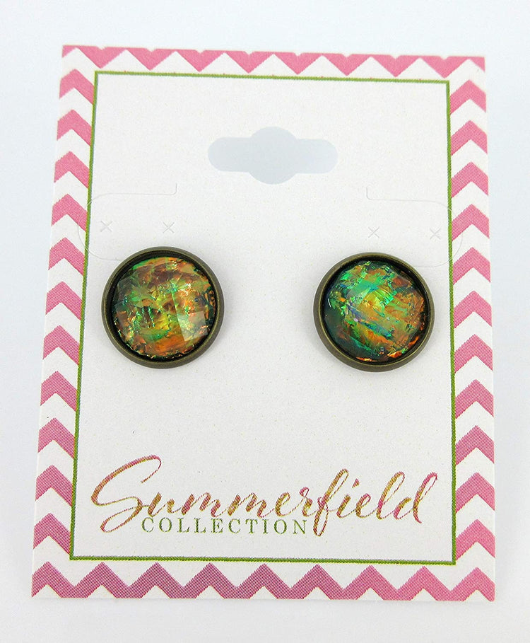 Antiqued Gold-tone Black Faceted Resin Opalescent Stud Earrings 12mm