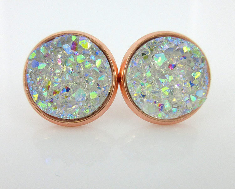 Rose Gold-tone Clear AB Faux Druzy Stone Stud Earrings 12mm