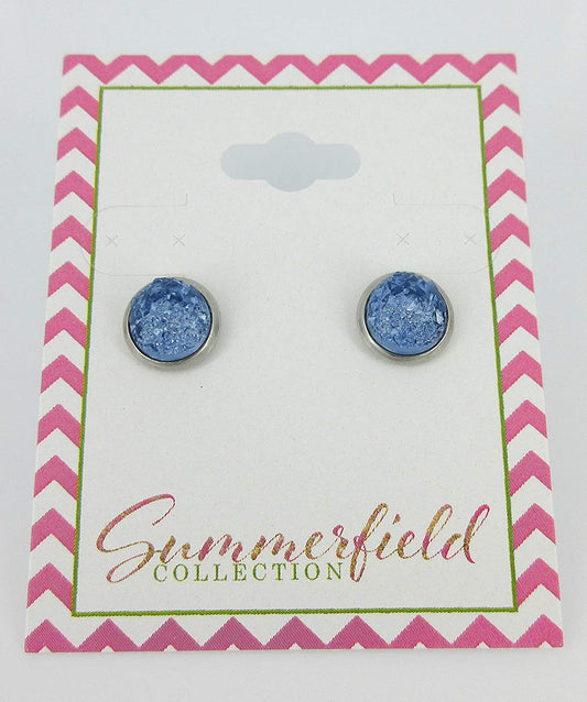 Stainless Steel Glacier Blue Faux Druzy Stone Stud Earrings 8mm