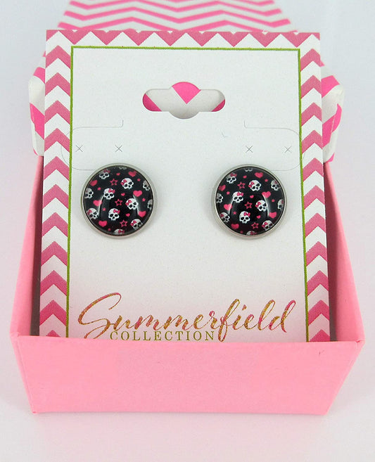 Stainless Steel Neon Pink Black White Skull Print Glass Stud Earrings 12mm