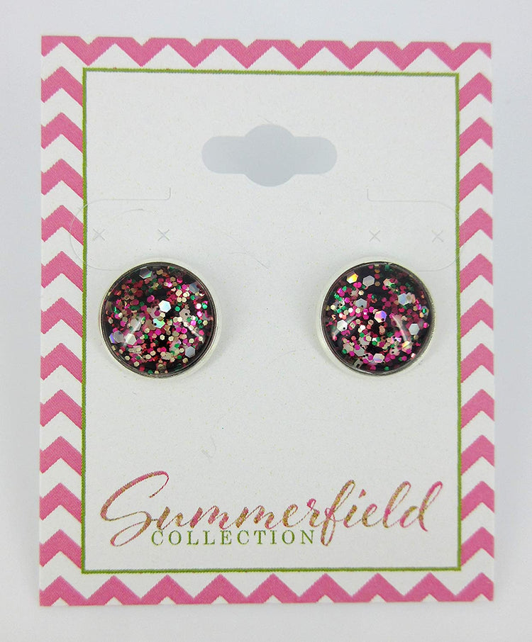 Silver-tone Preppy Mix Glitter Glass Stud Earrings Hand-painted 12mm