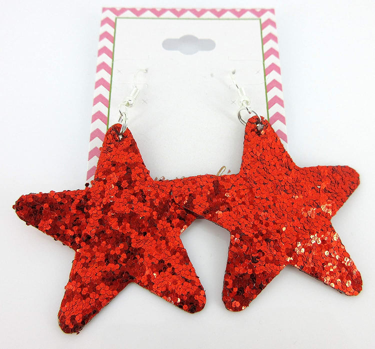 Red Glitter Faux Leather Large Star Dangle Earrings