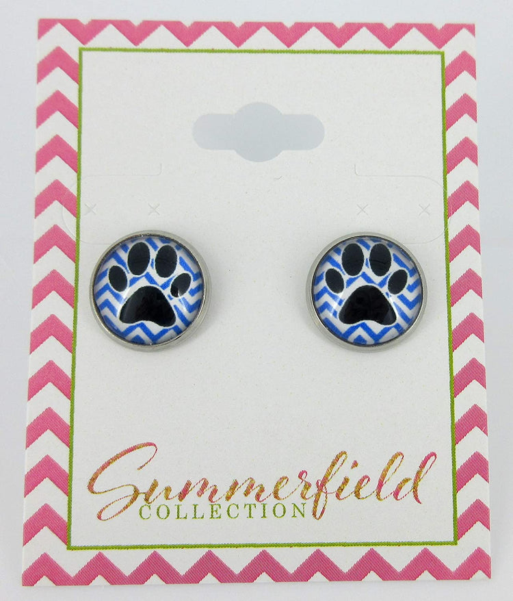 Stainless Steel Chevron and Black Paw Print Glass Stud Earrings 12mm