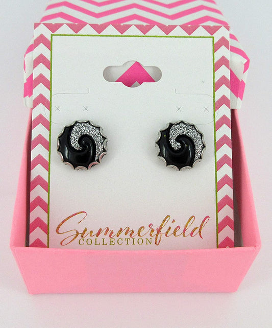 Stainless Steel Black and Silver Glitter Swirl Resin Stud Earrings 12mm