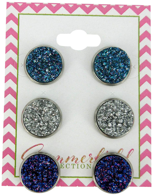 Stainless Steel Purple Silver and Blue Glitter Faux Druzy Stone Stud Trio Earrings Set
