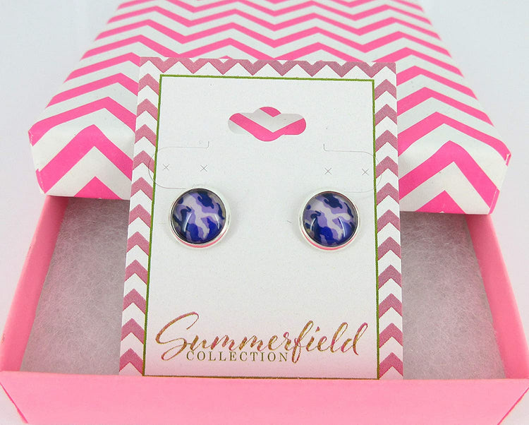 Silver-tone Purple Camo Print Glass Stud Earrings 10mm