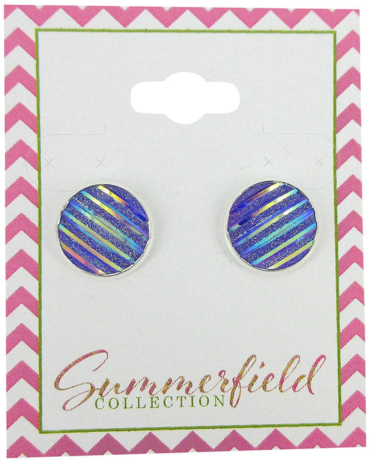 Silver-tone Frosted Metallic Stripe Stud Earrings 12mm (Light Pink AB)