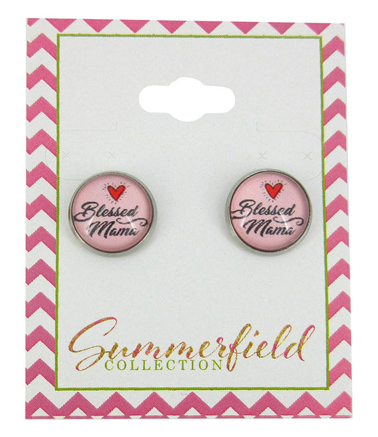 Stainless Steel Blessed Mama Print Glass Stud Earrings 12mm