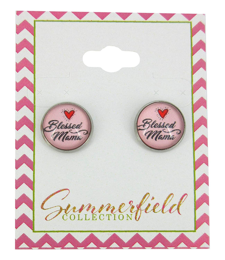 Stainless Steel Blessed Mama Print Glass Stud Earrings 12mm