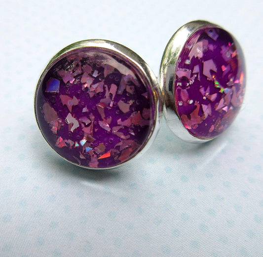 Silver-tone Purple Shard Glitter Glass Stud Earrings Hand-painted 12mm