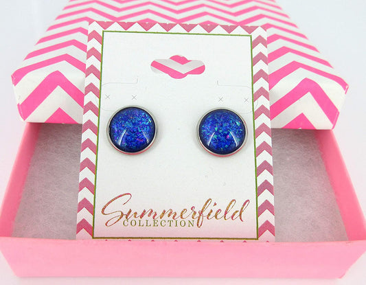 Stainless Steel Purple and Blue Holographic Glitter Glass Stud Earrings Hand-painted 12mm
