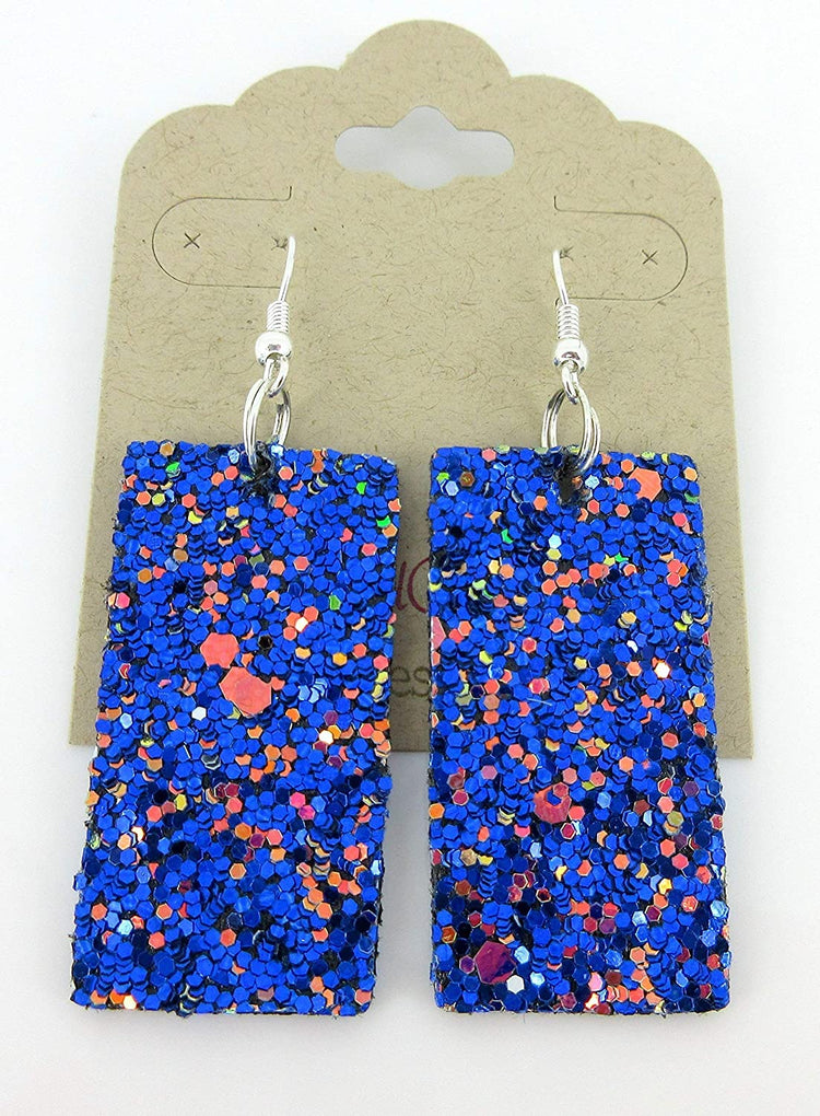 Blue with Pink and Black Glitter Faux Leather Large Rectangle Dangle Earrings