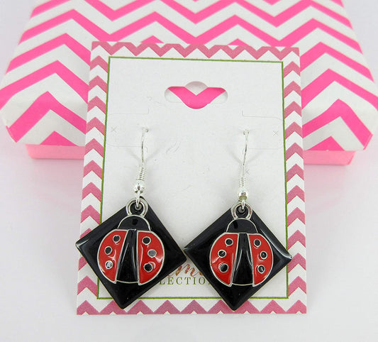 Silver-tone Black Enamel and Red Ladybug Charm Dangle Earrings
