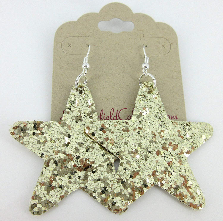 Gold Glitter Faux Leather Large Star Dangle Earrings