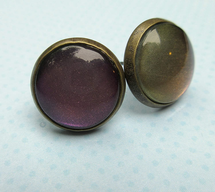 Antiqued Gold-tone Metallic Deep Purple Color Shifting Glass Stud Earrings Hand-painted 12mm