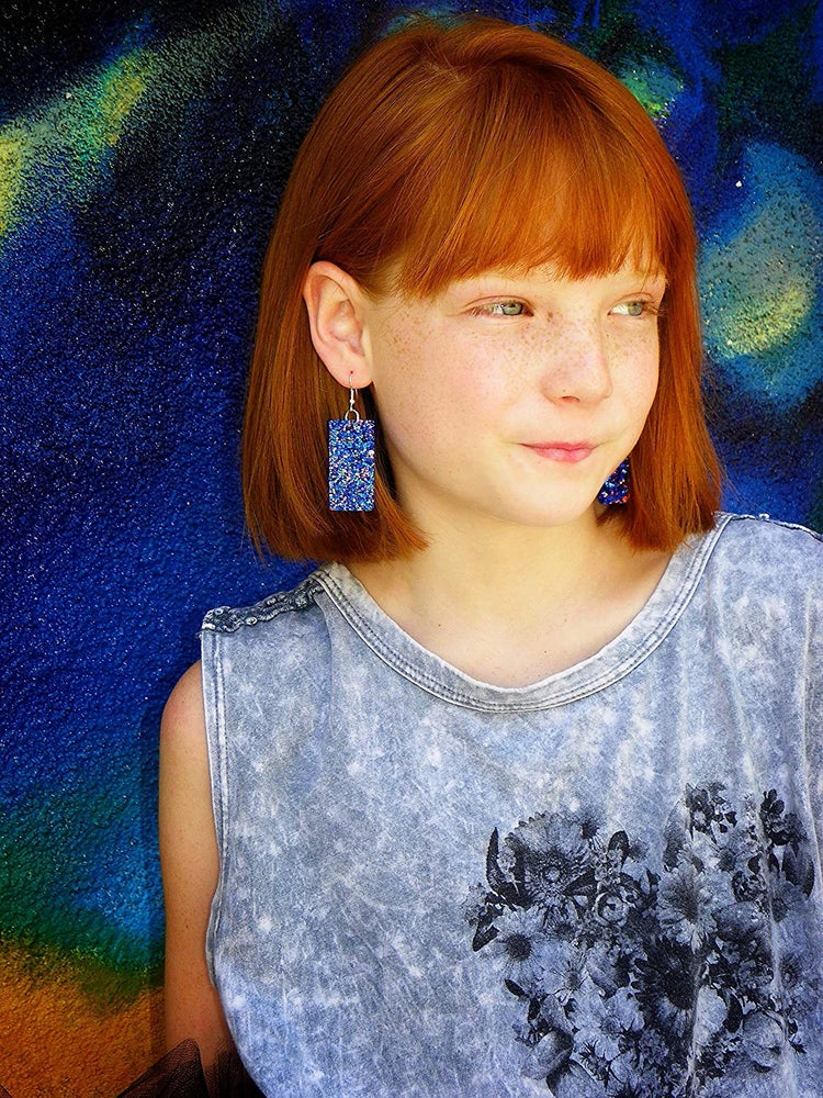 Blue with Pink and Black Glitter Faux Leather Large Rectangle Dangle Earrings