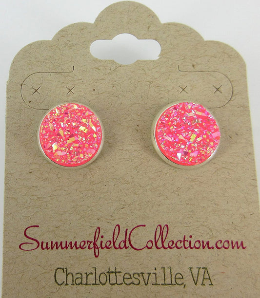 Silver-tone Hot Pink AB Faux Druzy Stone Stud Earrings 12mm