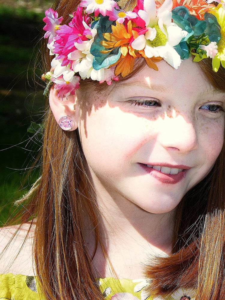 Silver-tone Pink and Purple Iridescent Glitter Glass Stud Earrings Hand-painted 12mm